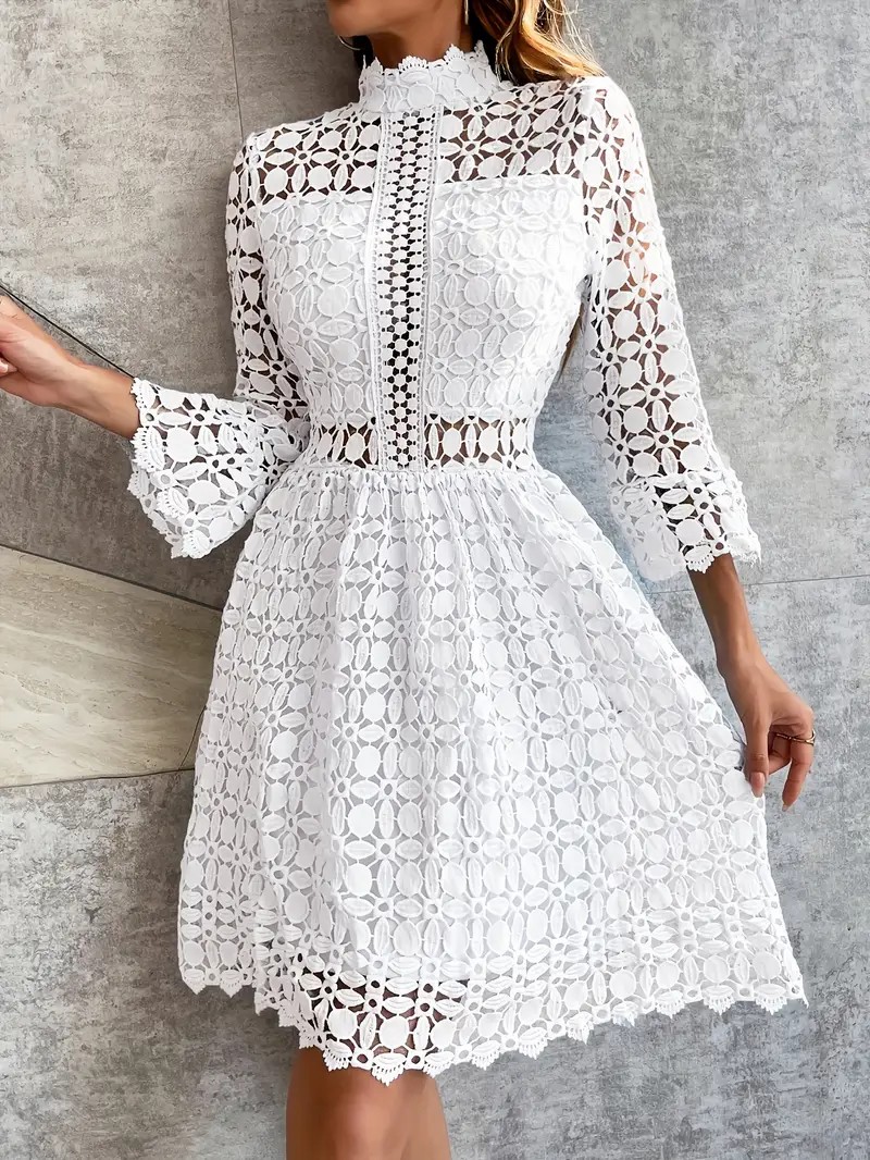 Women's Stand Collar Lace Hollow-Out Floral Pattern Dress