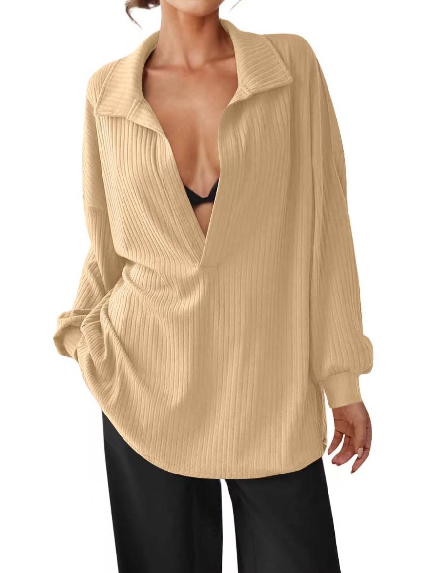 Women's Oversized Deep V Neck Long Sleeve Ribbed Knit Pullover Tops