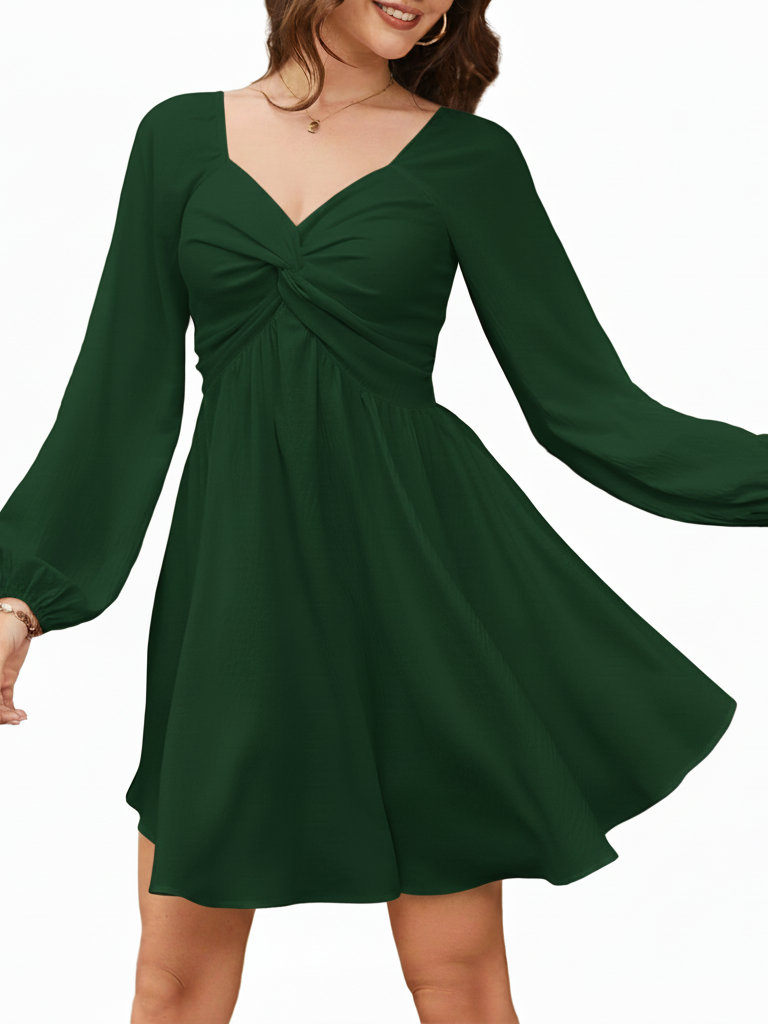 HOT SALE Women's V Neck Knot Front Smocked Back Long Sleeve Dress