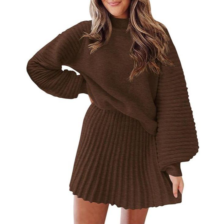 Women's 2 Piece Outfits Long Sleeve Mock Neck Ribbed Sweaters And Mini Skirt Two Piece Sets