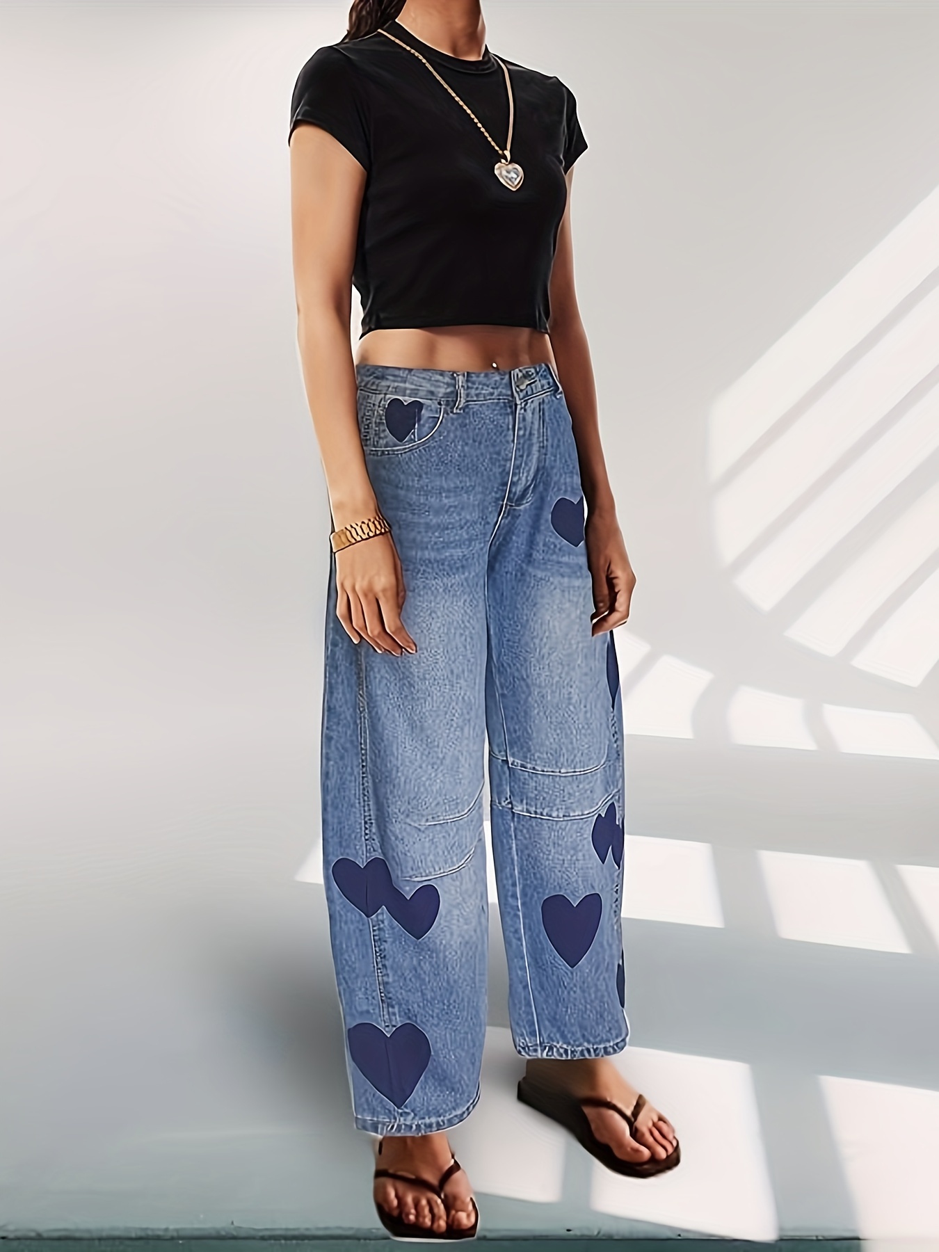 Women's Mid Rise Heart Printed Wide Leg Barrel Jeans