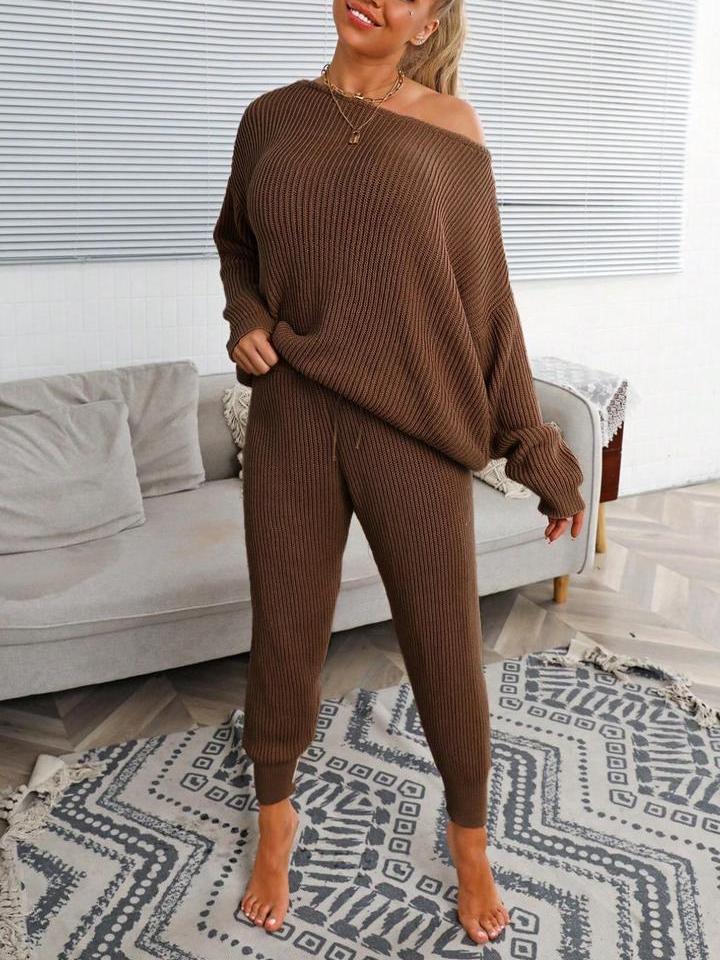 Womens Drop Shoulder Batwing Sleeve Sweater & Knit Pants Set