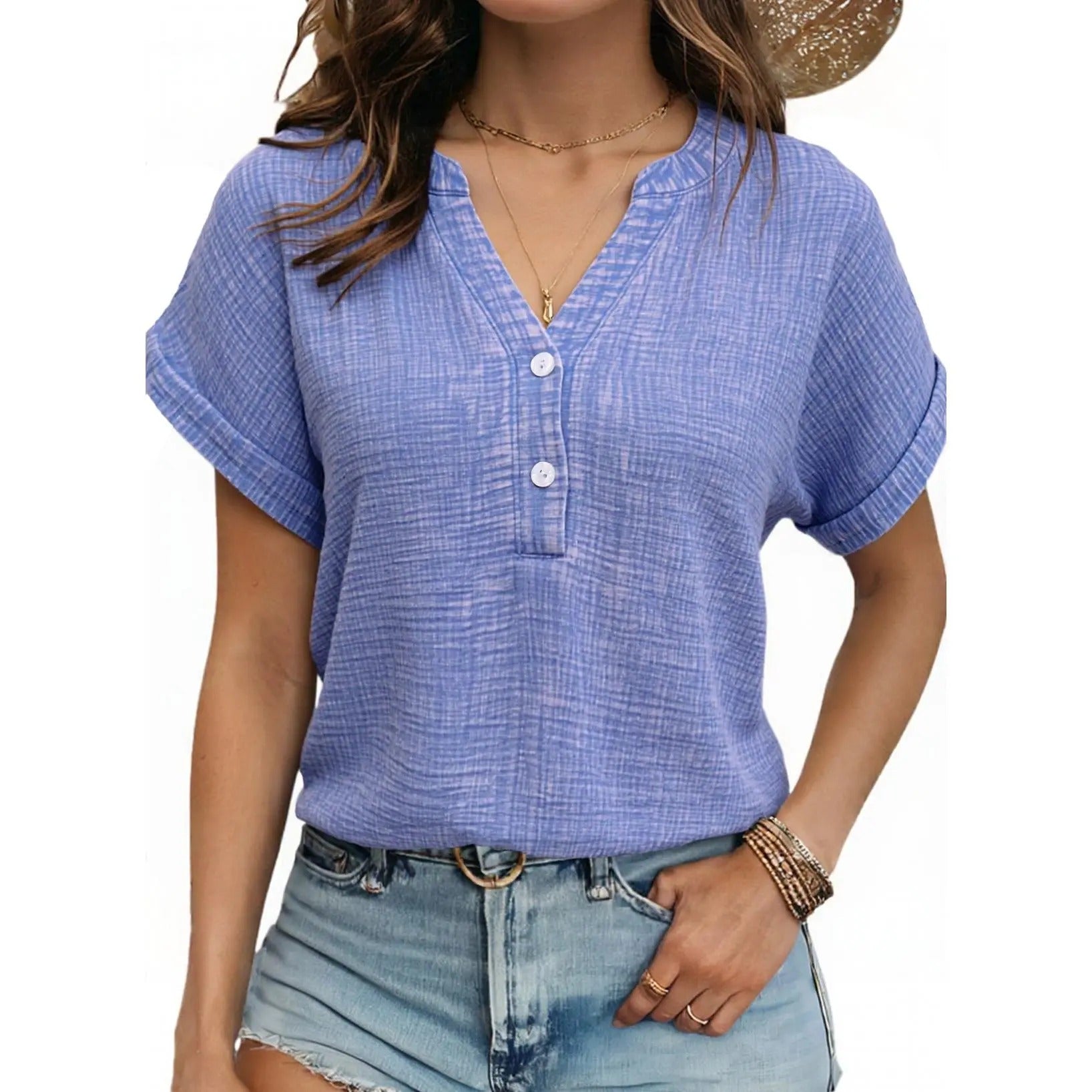 Women’s Summer Boho Tops Casual Button Short Sleeve V Neck Shirts Solid Cotton Blouses