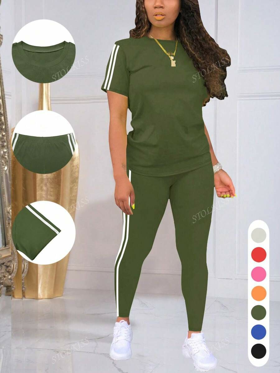 Women's Striped Round Neck Short Sleeve Sports Top And Pants Set