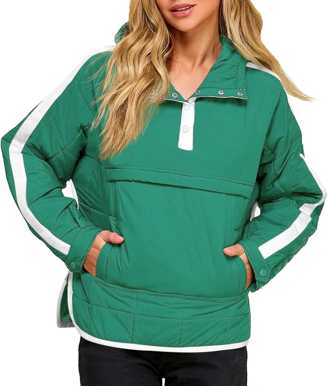 Women's Puffer Quilted Color Block Puffy Pocket Hoodie Jacket