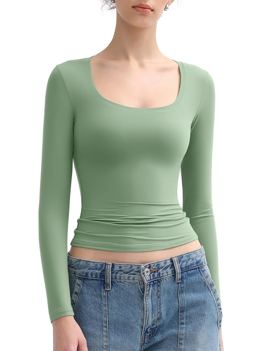 Women's Scoop Neck Slim Fit Long Sleeve Tops Double Lined Basic Tee