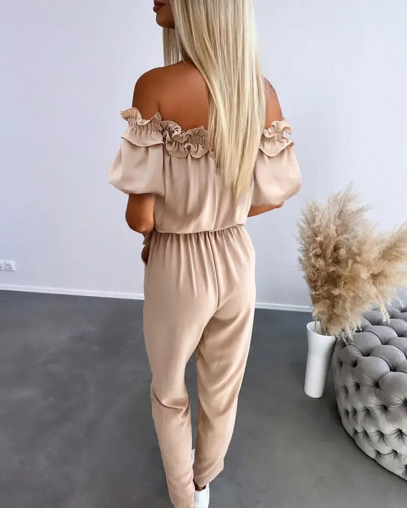HOT SALE Women's Off Shoulder Frill Hem Tied Detail Jumpsuit