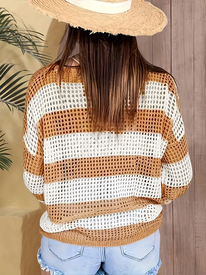 Women's Casual Color Block Hollow-Out Knit Top