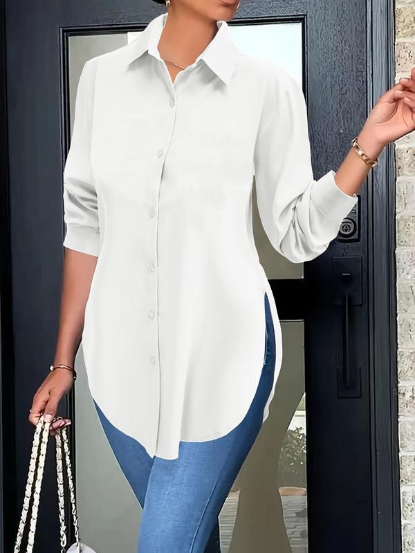 Women's Plain Button Front Split Side Shirt