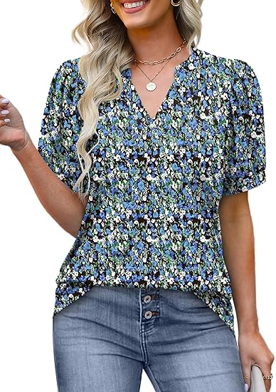 Women's V Neck Floral Print Vintage Shirt Fashion T-Shirt