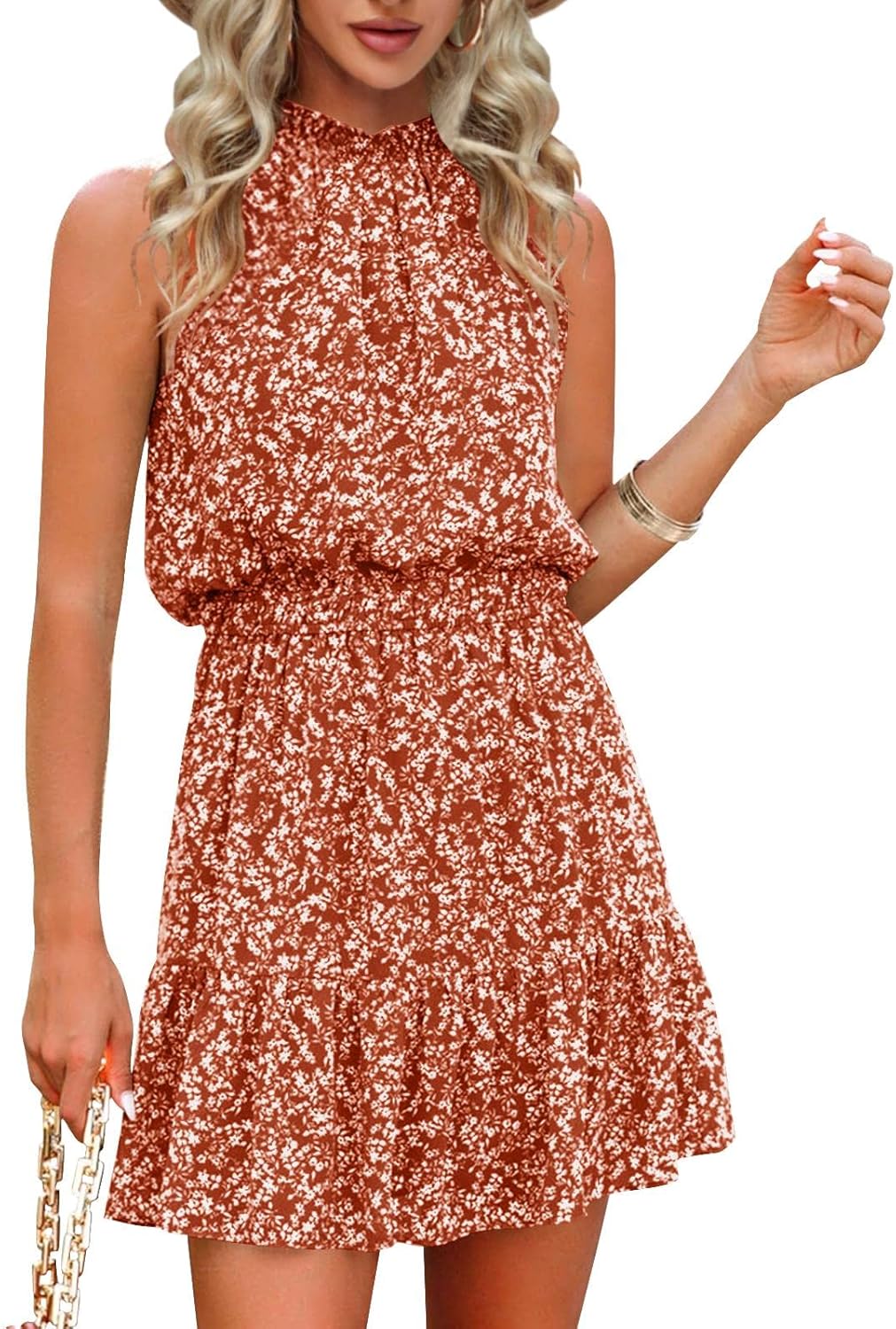 Summer Floral Printing Bohemian Halter Neck Sleeveless Chiffon Dress