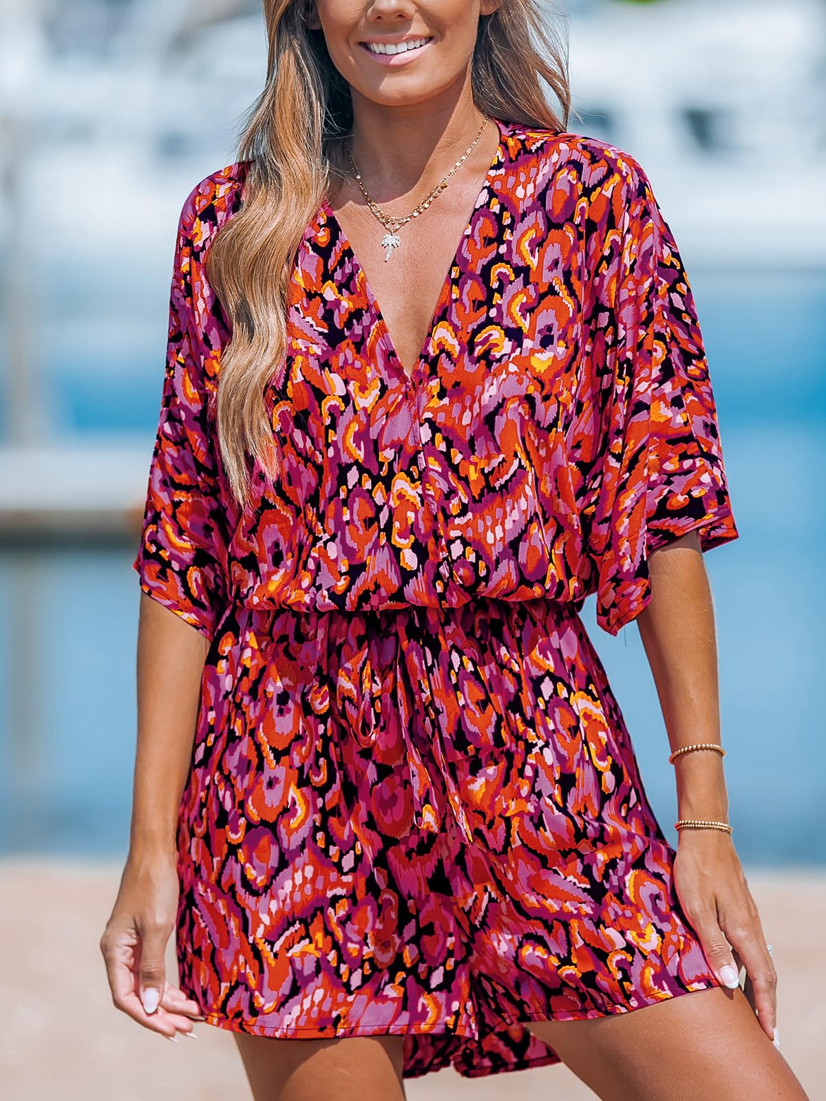 Women's Lace Up Print Romper Short Sleeves Jumpsuits Wide leg Outfit (buy 2 free shipping!!!)