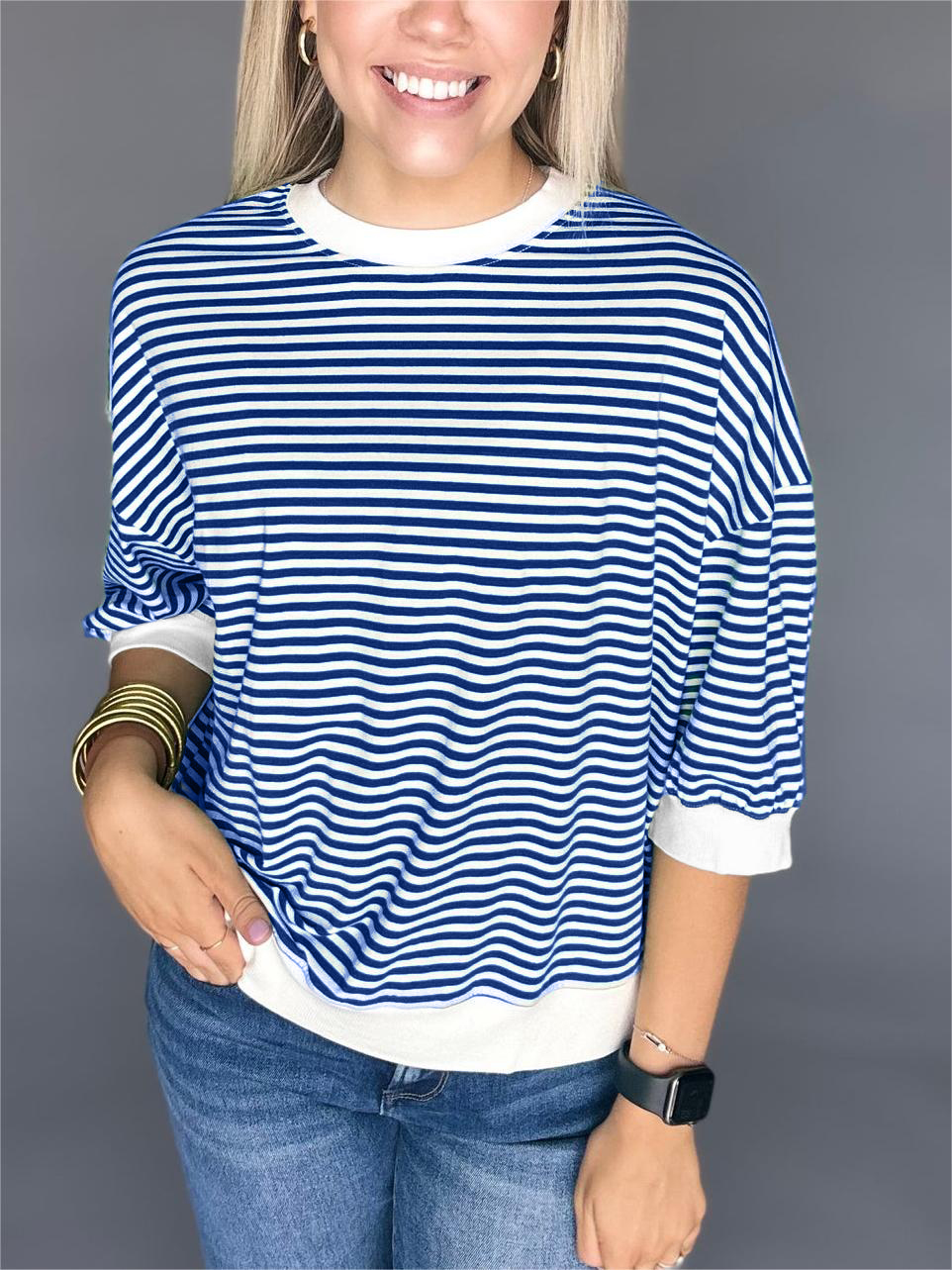 Women's Casual Crew Neck Stripe Short Sleeve Top🔥Buy 2 Free Shipping