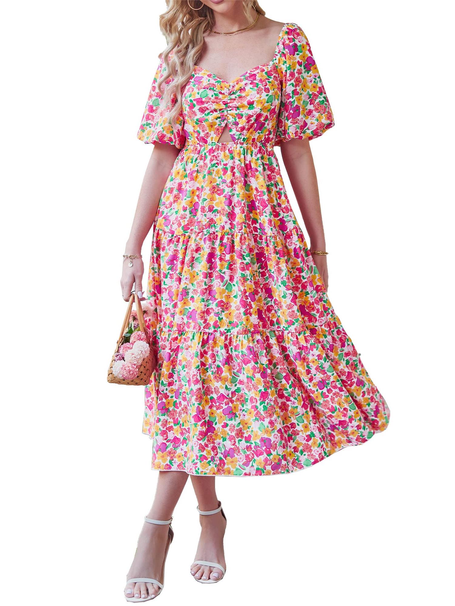 Women's Casual Flowy Square Neck Puff Short Sleeve Boho Floral Long Maxi Dress(BUY 2 FREE SHIPPING)