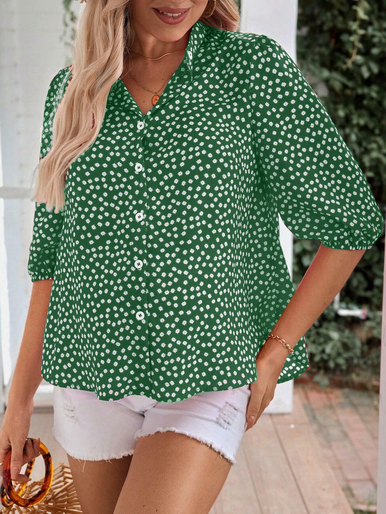 Women's Floral Print Half Sleeve Button Down Shirt Blouse (BUY 2 FREE SHIPPING)