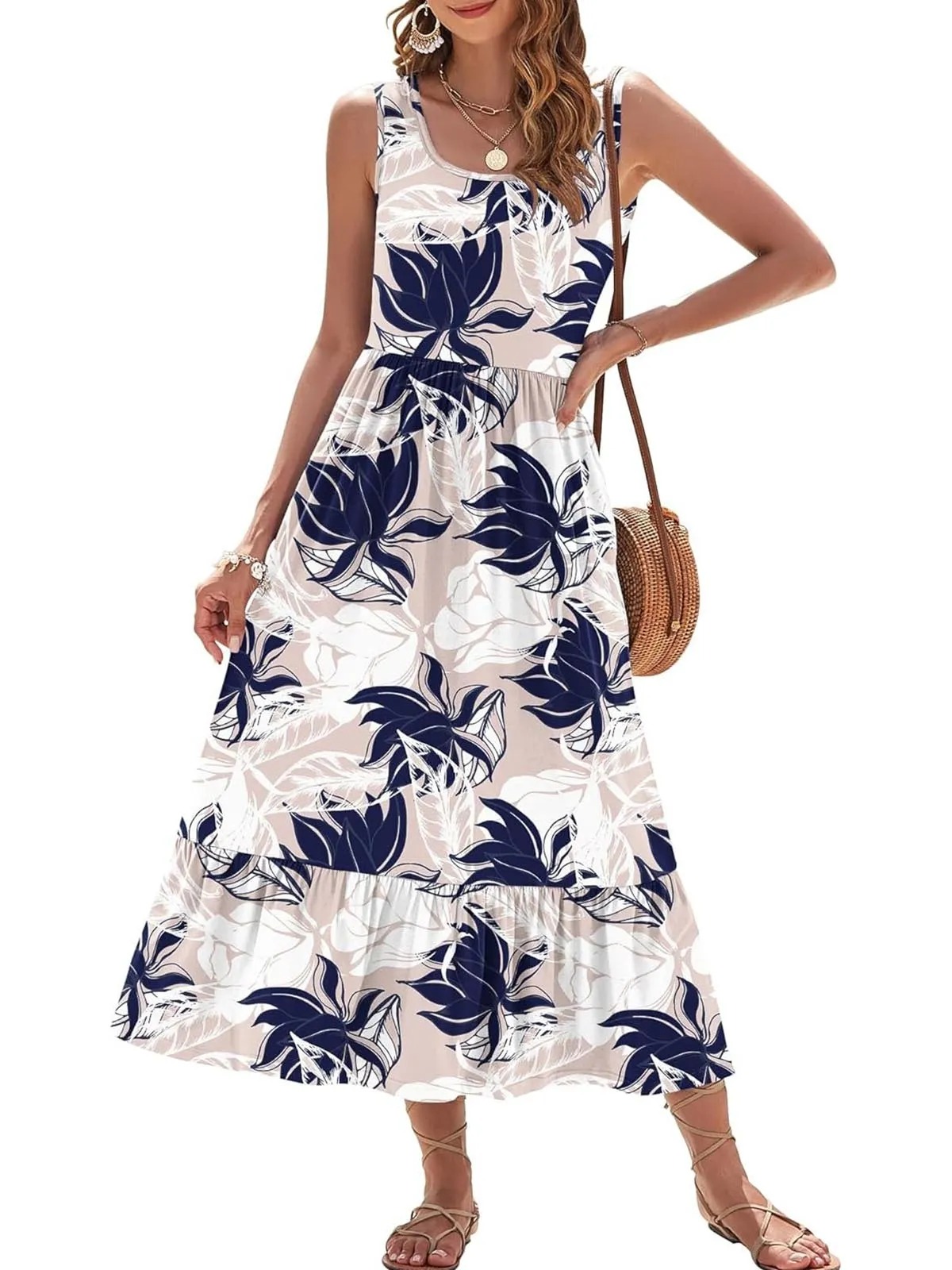 HOT SALE Women's Printed Casual Sleeveless Square Neck Printed Multi-Layer Pocket Dress