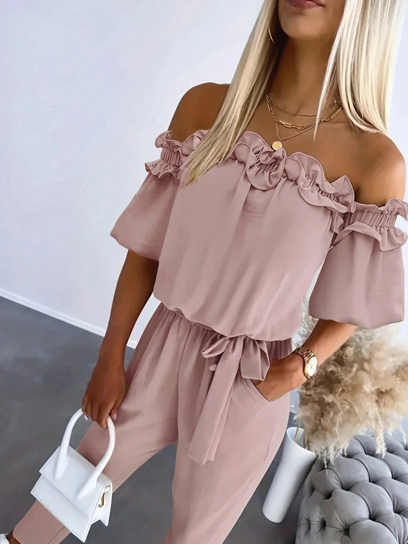 Women's Solid Color Off-Shoulder Short Sleeve Pleated Casual Jumpsuit (Buy 2 Free Shipping!!!)