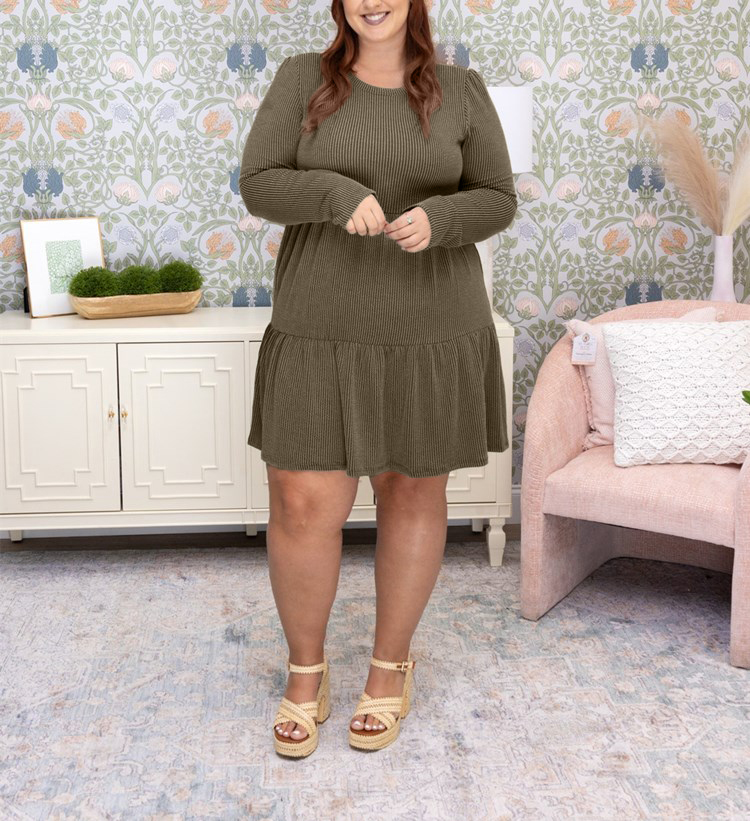 Raised Rib Long Sleeve Tiered Dress