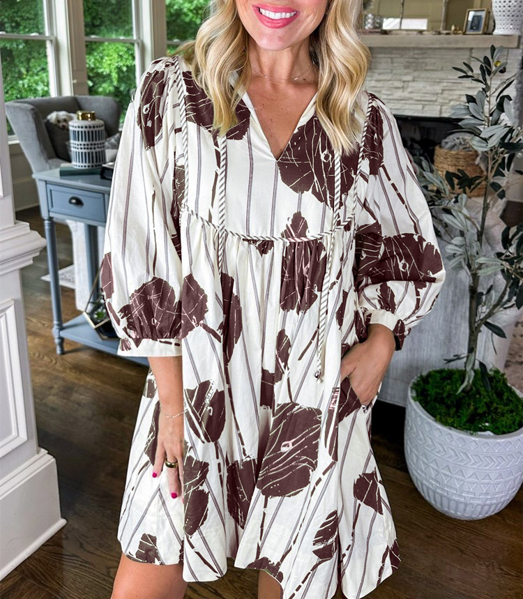 Women's Stripe Print 3/4 Sleeve Mini Dress