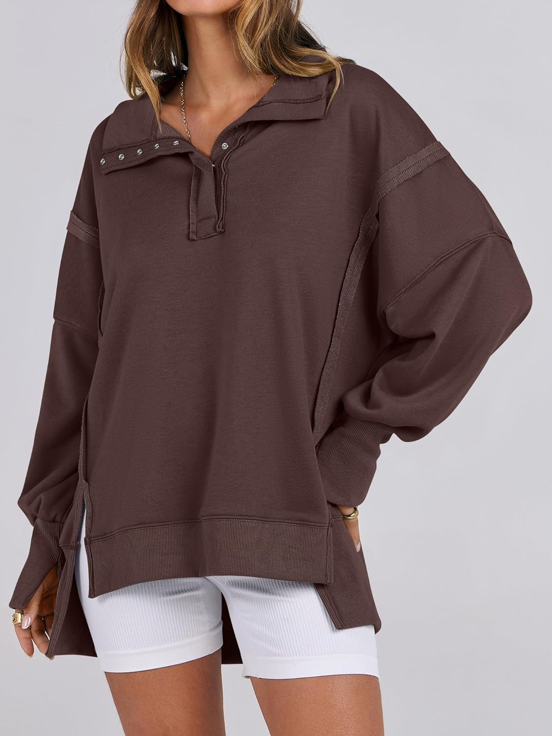 ⏰Hot Sale-Women's Oversized High Low Split Button Up Henley Pullover Top