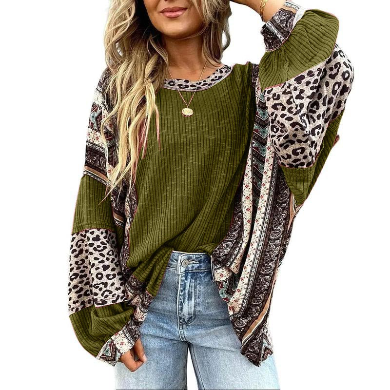 Limited time sale🔥Womens Loose fit Long Sleeve Oversized Retro Leopard Contrast Patchwork Top
