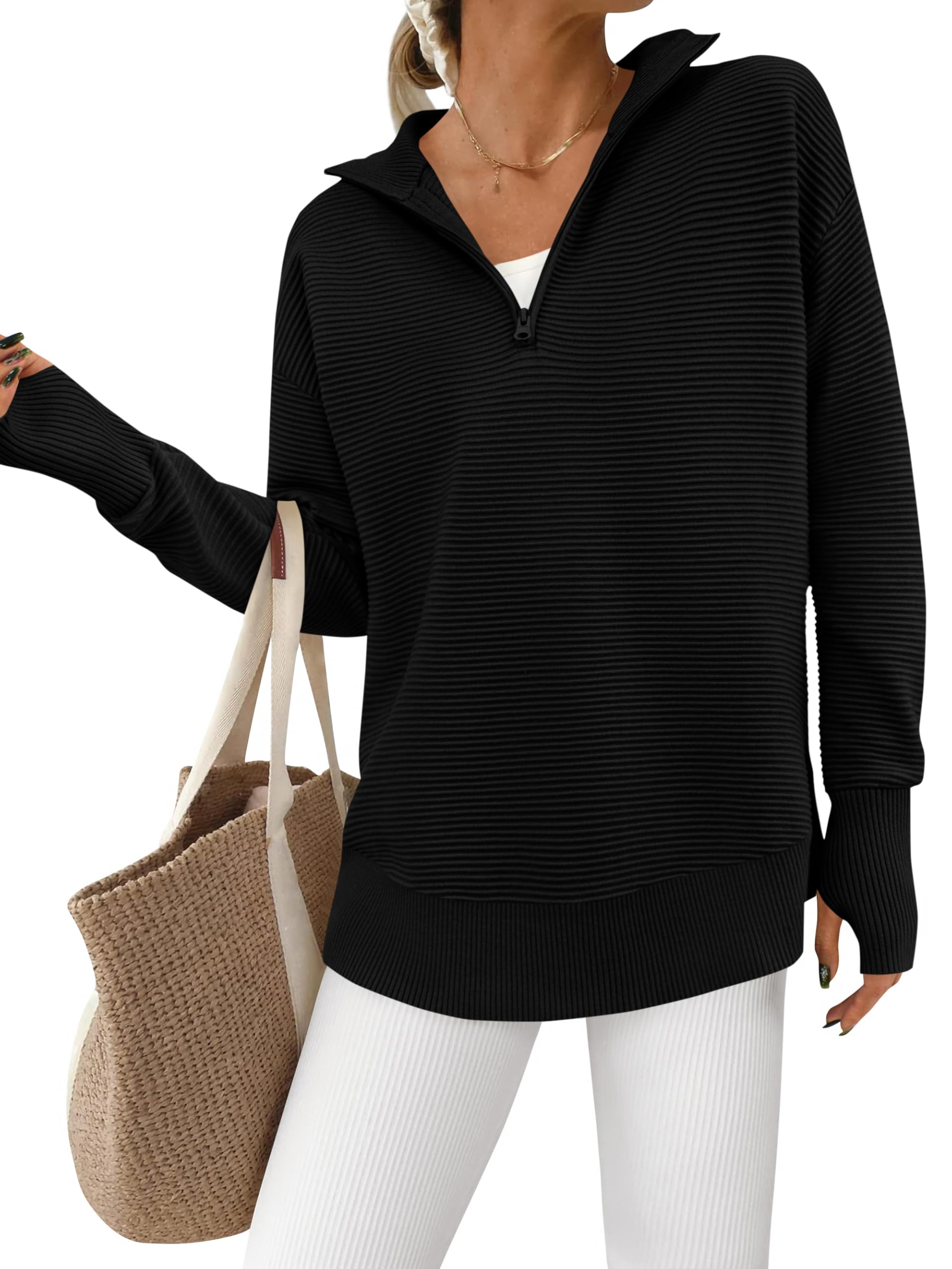Women's Long Sleeve Quarter Zip Pullover Ribbed Knit Sweater