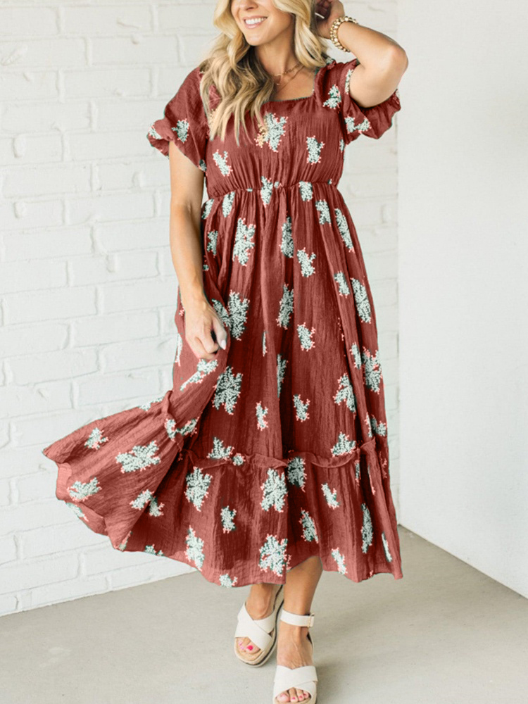Women's Embroidered Bubble Sleeve Dress