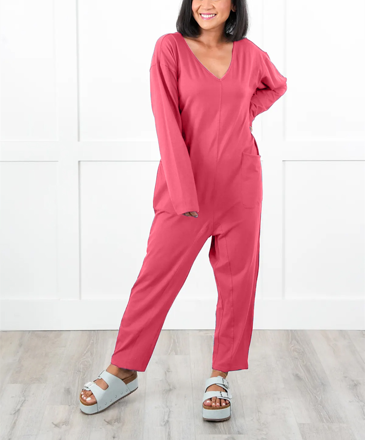 Solid Long Sleeve V Neck Jumpsuit With Patch Pockets (Multiple Colors)