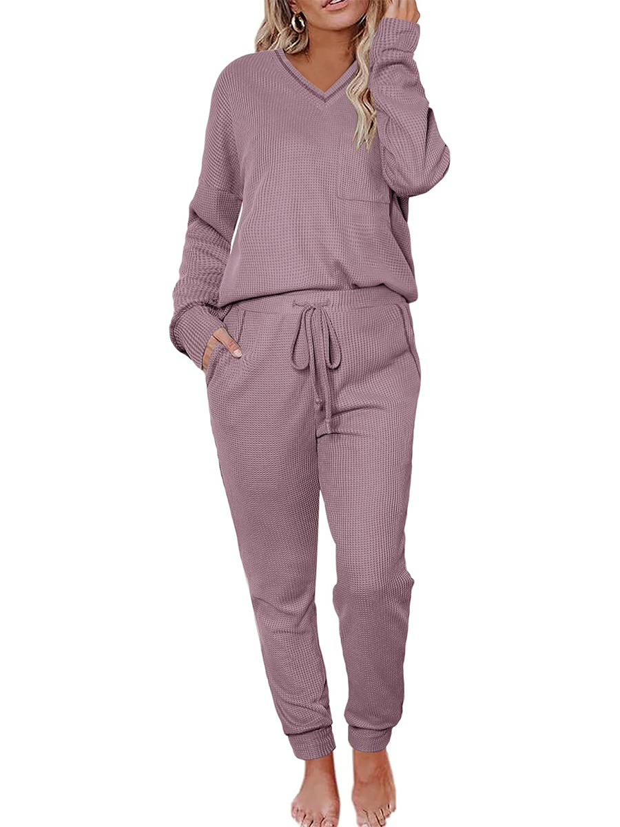 Women's V Neck Waffle Knit Sleepwear Top and Pant Lounge Sets
