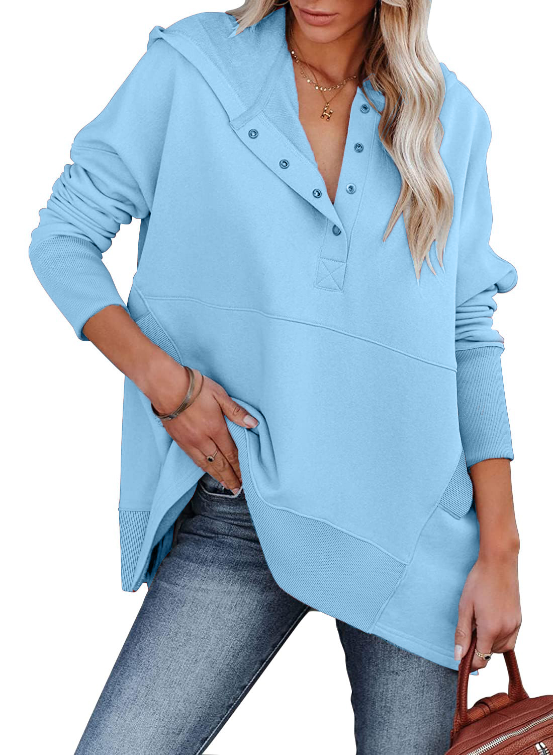 Women's Oversized Button Collar Long Sleeve Sweatshirt With Pocket (BUY 2 10% OFF)