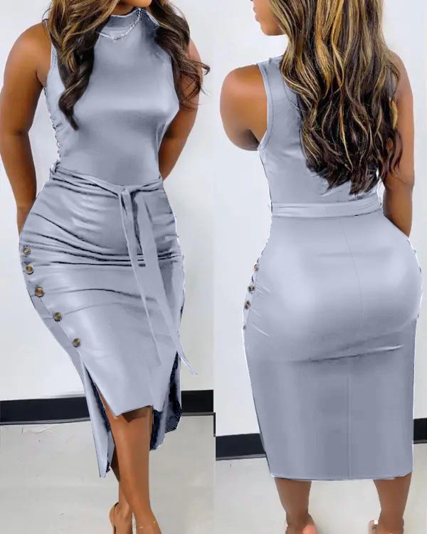 Buttoned Split Hem PU Leather Tie Waist Bodycon Dress