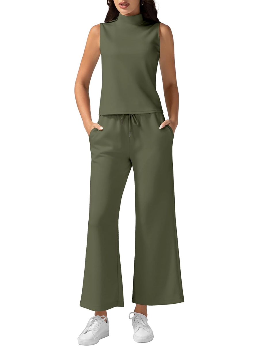 Women's Mock Neck Sleeveless Tank Top & Wide Leg Pants 2 Piece Lounge Sets