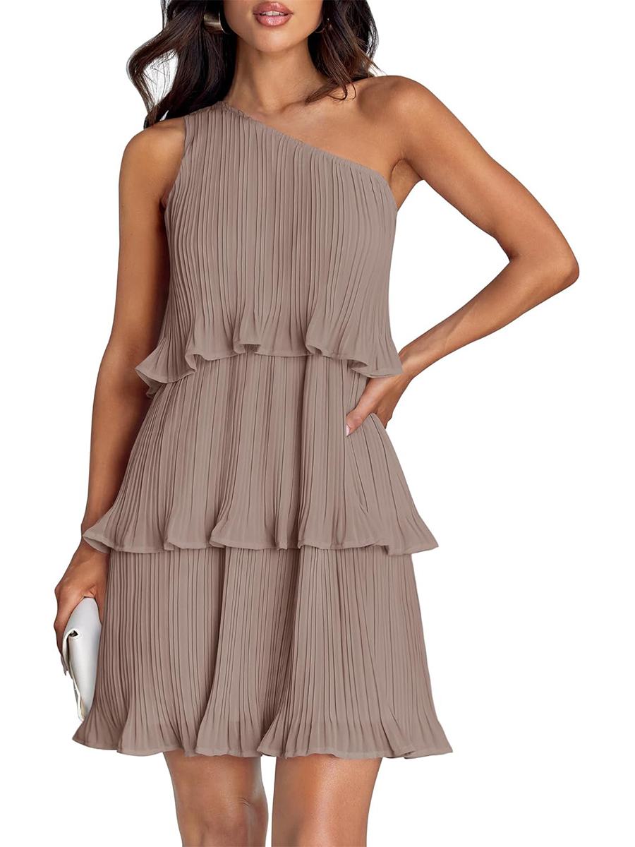 Women's Summer One Shoulder Ruffle Tiered Layered Chiffon Flowy A Line Dress