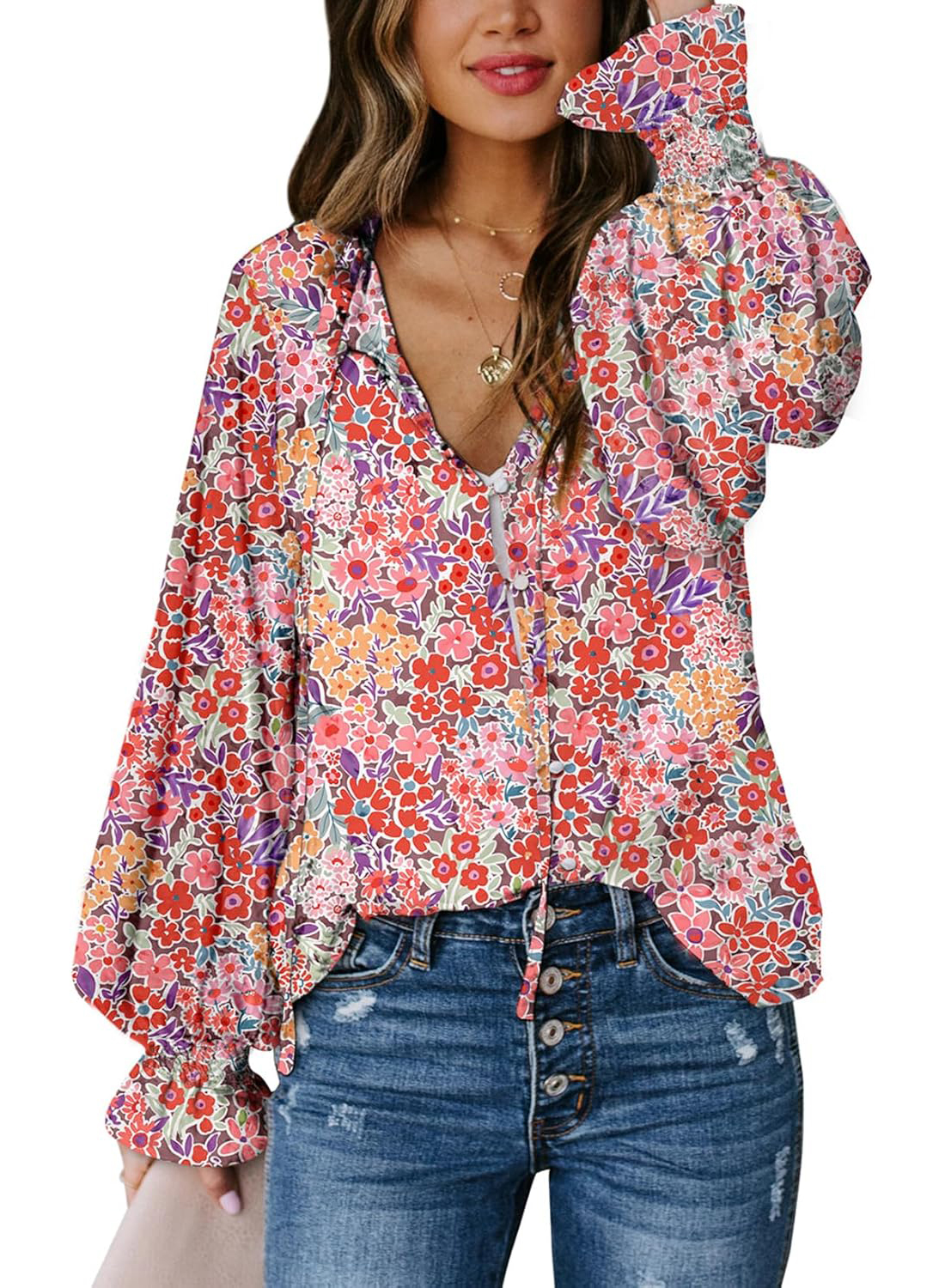 Women's Boho Floral Print V Neck Long Sleeve Drawstring Button Blouses