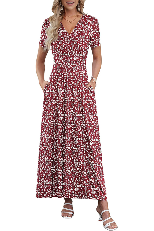 Women's V Neck Floral Print Beach Long Flowy Dress with Pockets