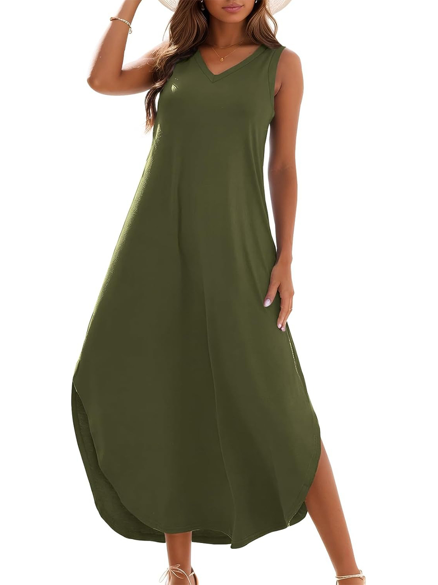 Women's Summer Casual Loose Sleeveless V Neck Split Tank Long Dress with Pockets