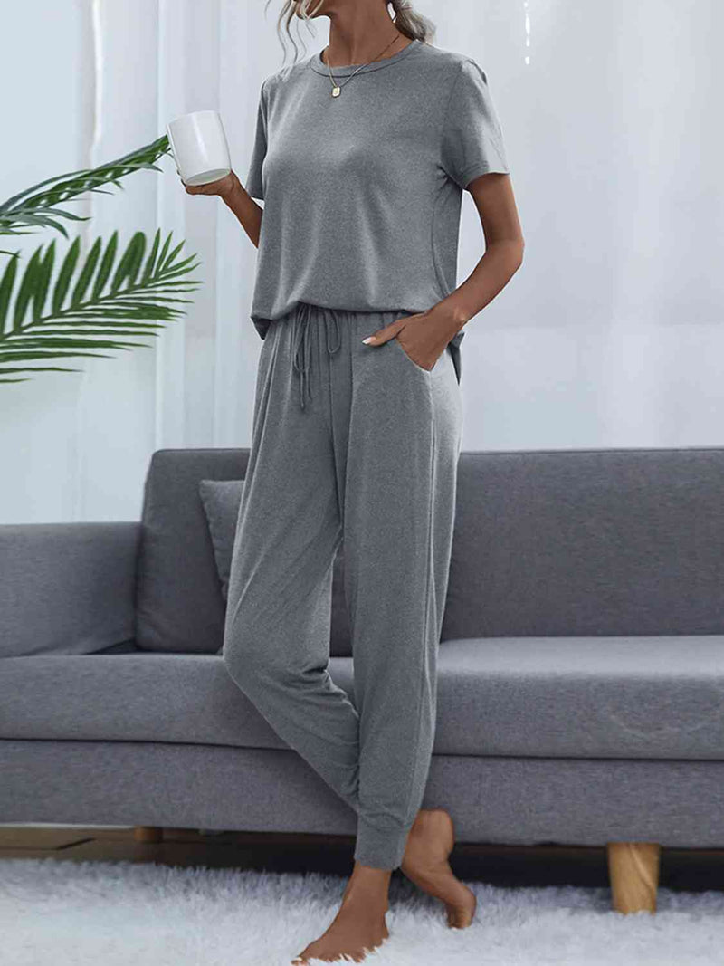 Women's Round Neck Short Sleeve Top and Pants Set