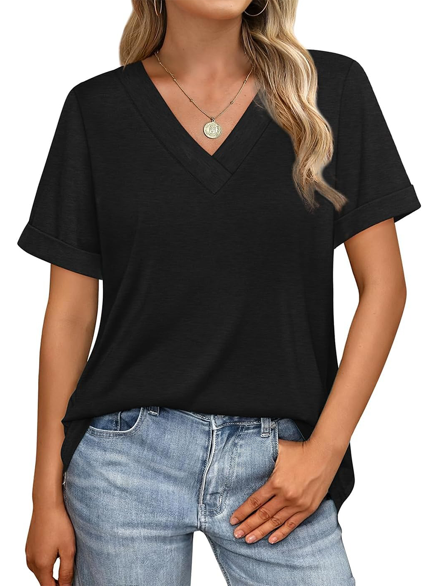 Women's Summer V Neck Short Sleeve Basic Casual T-shirt