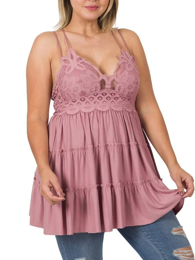 Women's Crochet Lace Ruffle Cami Tiered Ruffle Dress with Pads