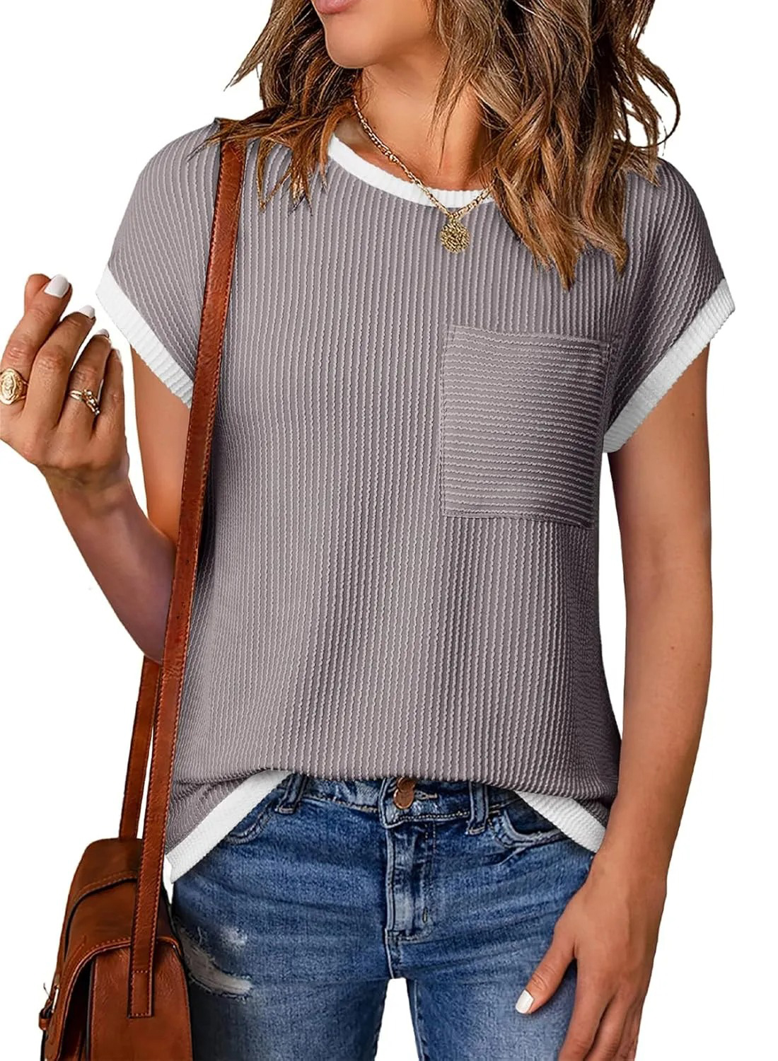HOT SALE Women's Short Sleeve T Shirts Crewneck Color Block Ribbed Knit Tee