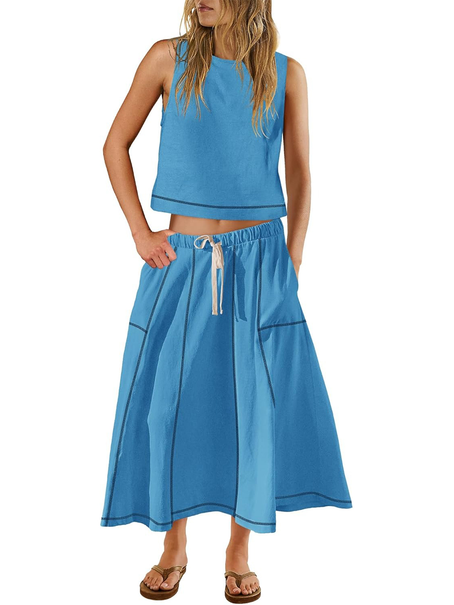 Women's Casual Seam Tank Top and Drawsting Pockets Skirt 2 Piece Set