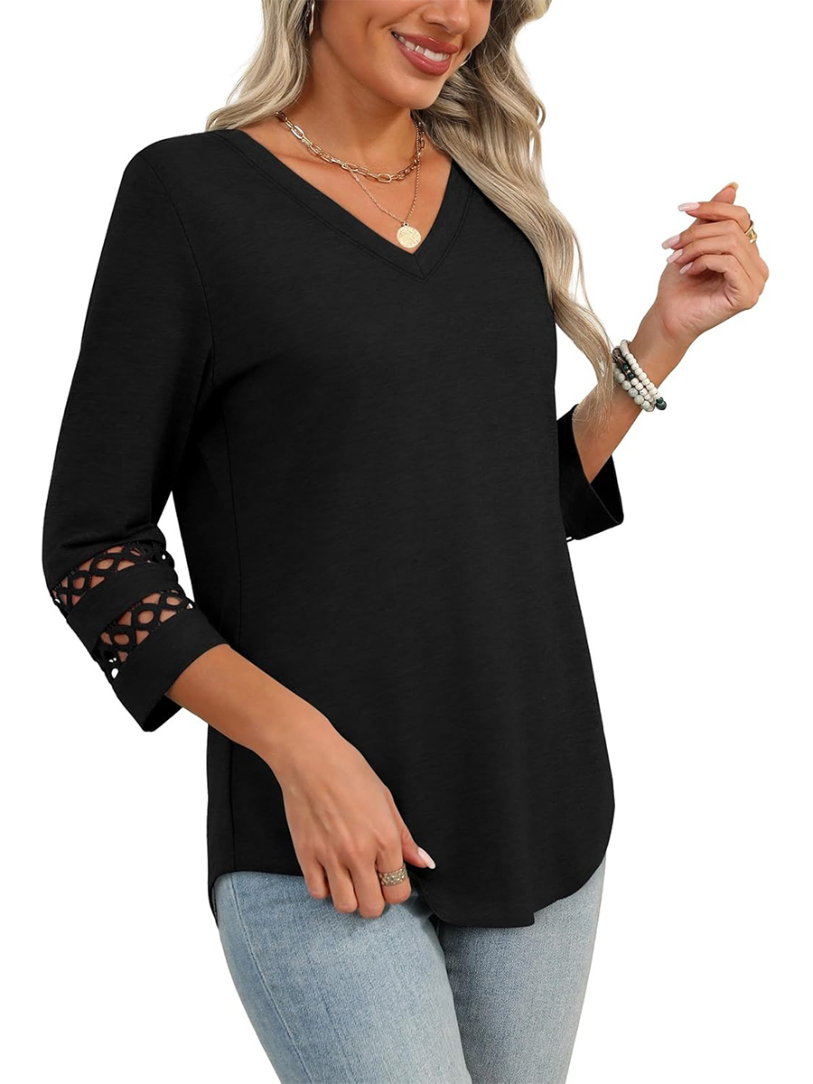 Women's Dressy Casual V Neck Hollow 3/4 Length Sleeve Tops