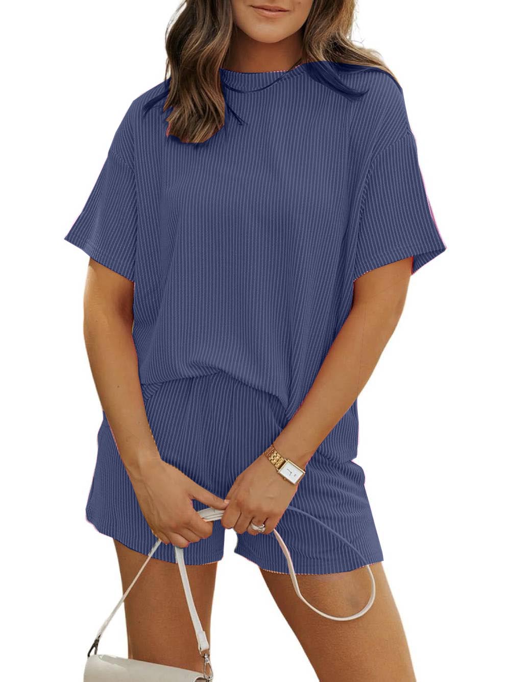 Women's Ribbed Textured Knit Loose Lounge Shorts 2 Piece Set