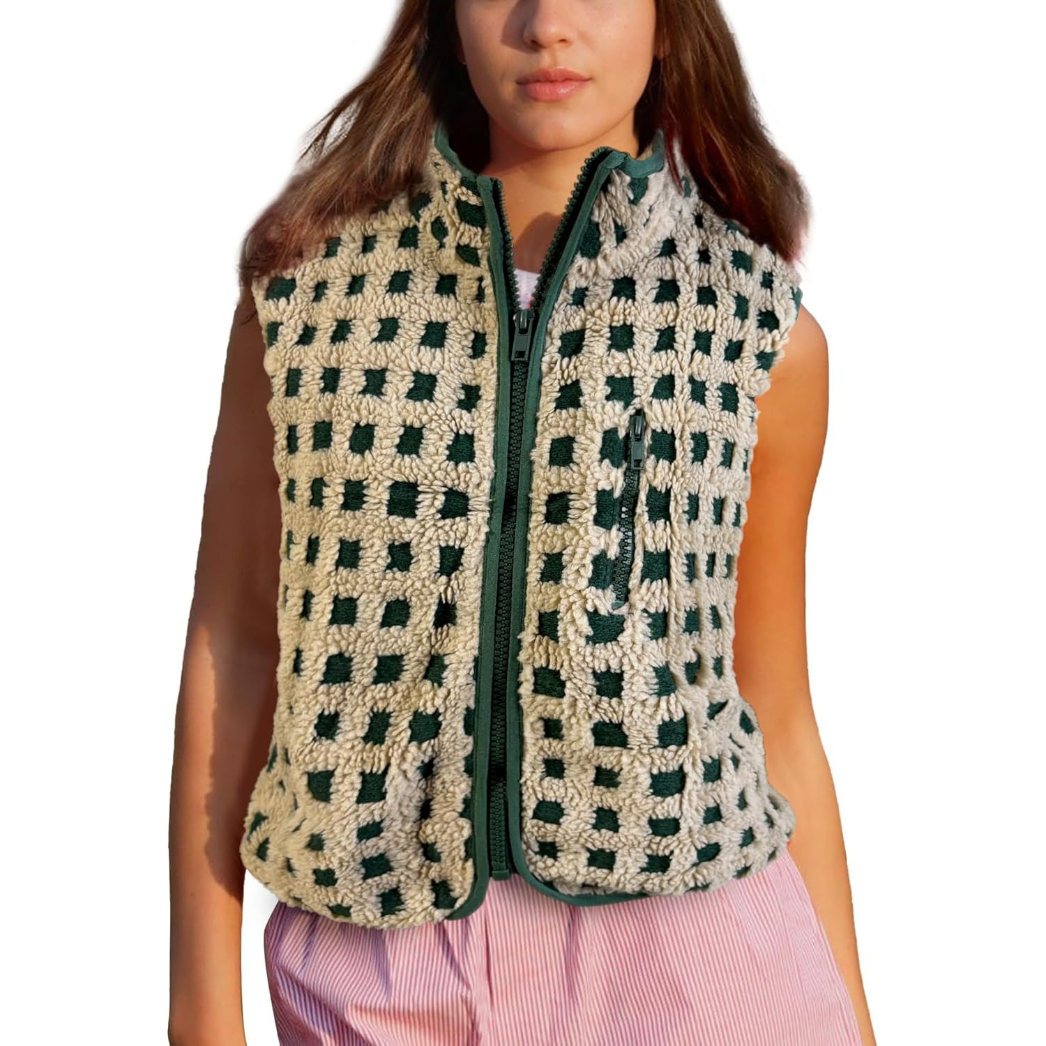 Women's Trendy Plaid High Neck Sherpa Zipper Vest Fleece Jacket