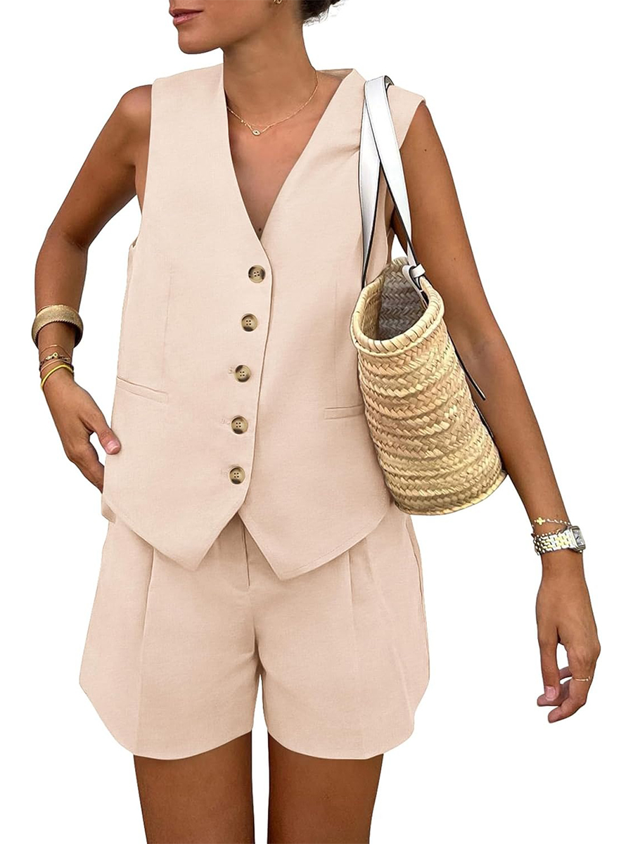Women's Sleeveless Matching Sets Button Down V Neck Vest Waistcoat and Pockets Shorts