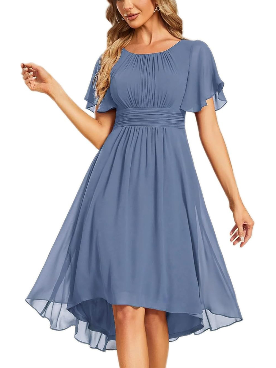 Women's Crew Neck Pleated Ruffle Short Sleeve Dress