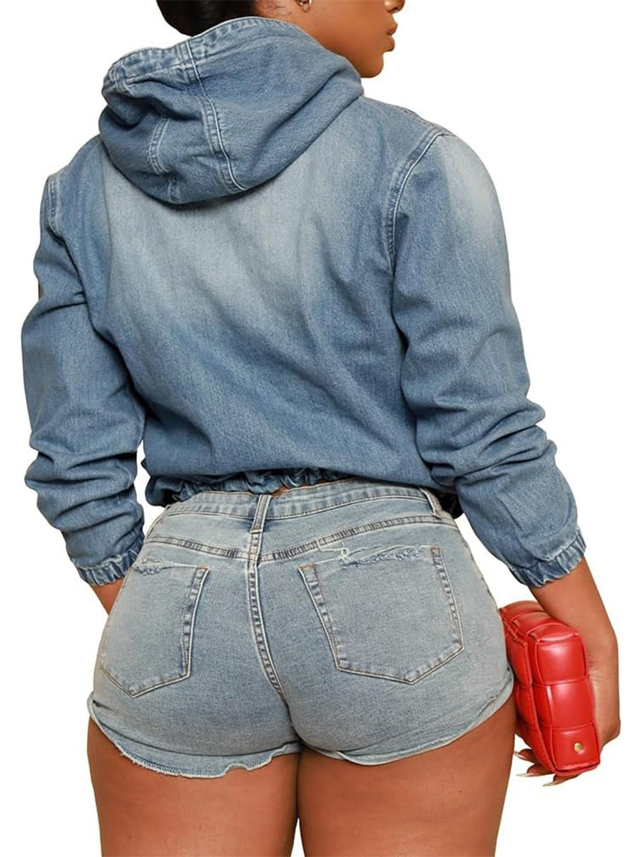 Women's Half Zip Denim Hoodie Pullover Jean Tops