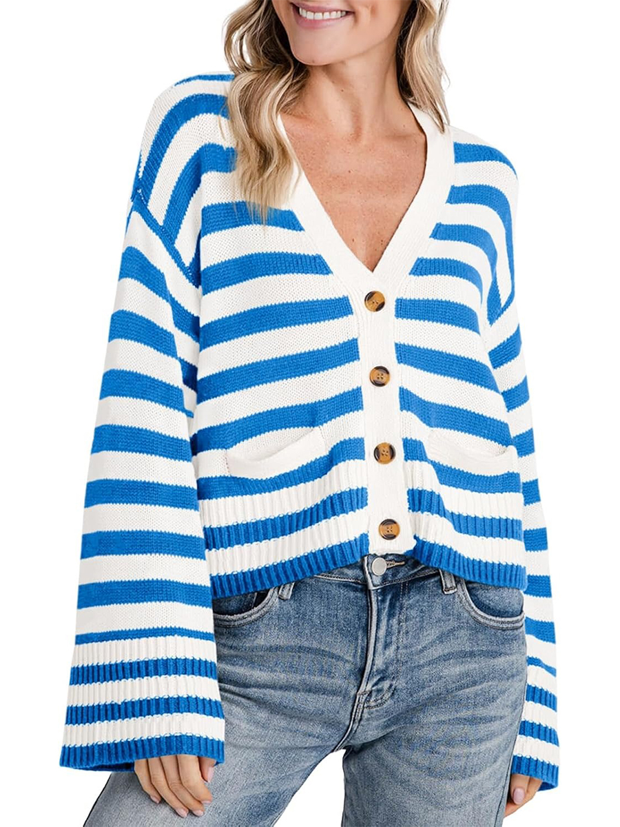 Women's Striped Cropped Button Open Front Long Sleeve Knit Cardigan Sweater