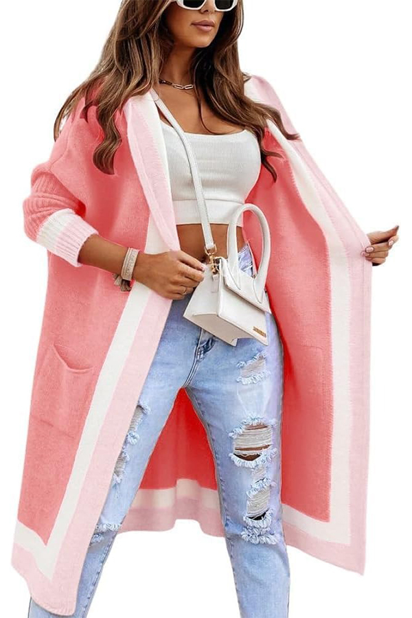 HOT SALE Women's Color Block Striped Open Front Hooded Long Cardigan