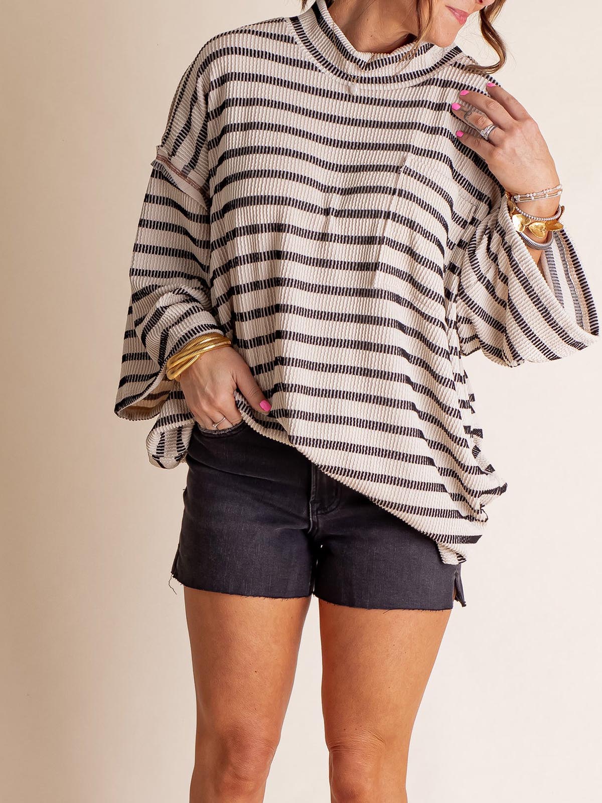 Only Go Forwards Oversized Striped Top Ribbed Short Sleeves